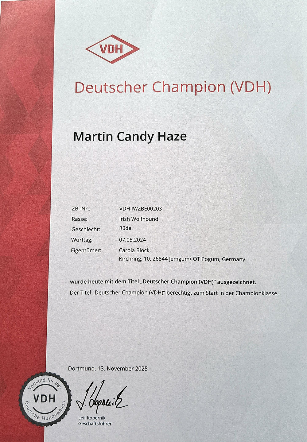 Titel "Deutscher Champion (VDH)" erhalten