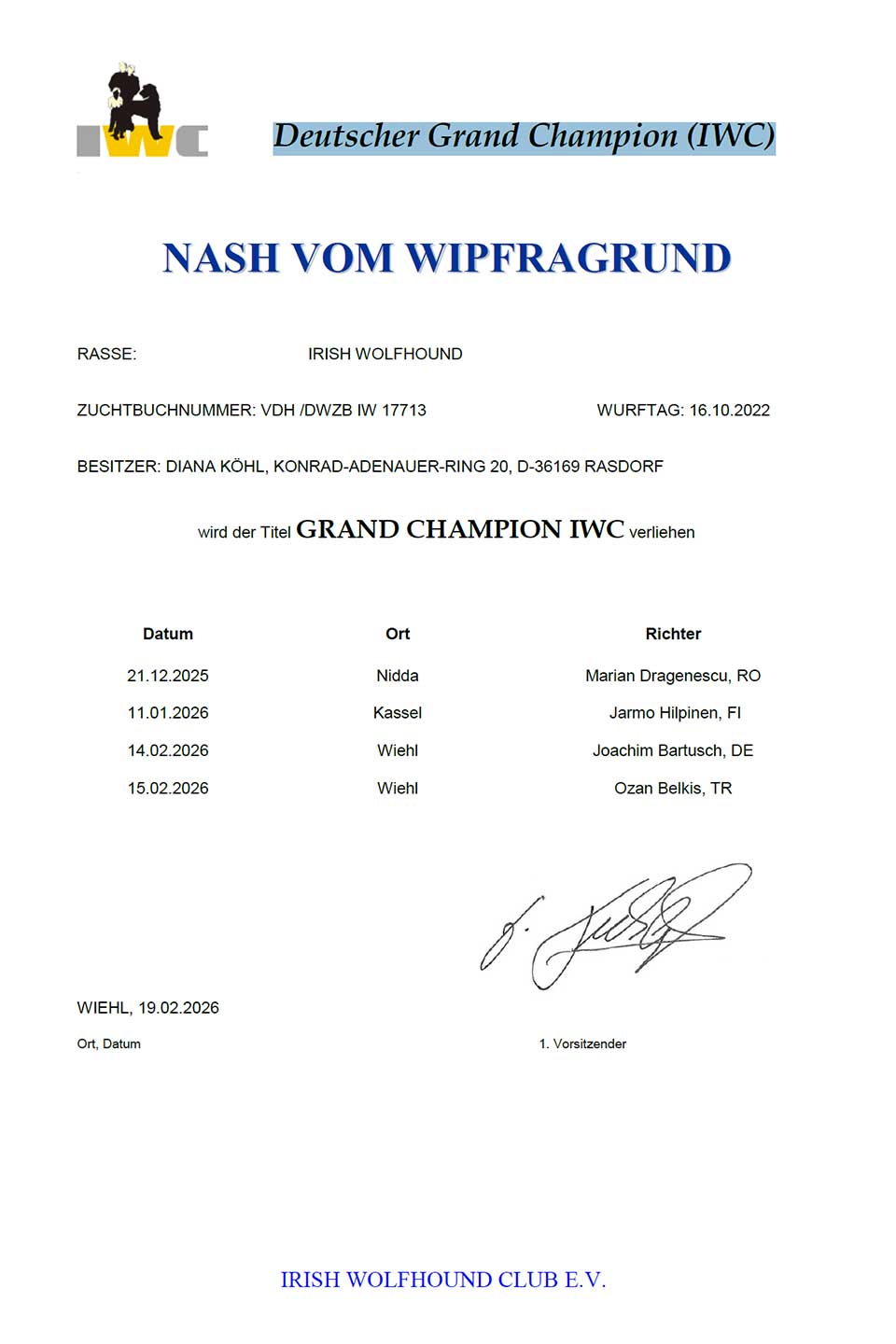Titel "Deutscher Grand Champion (IWC)" erhalten