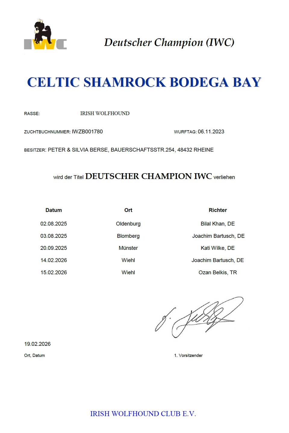 Titel "Deutscher Grand Champion (IWC)" erhalten
