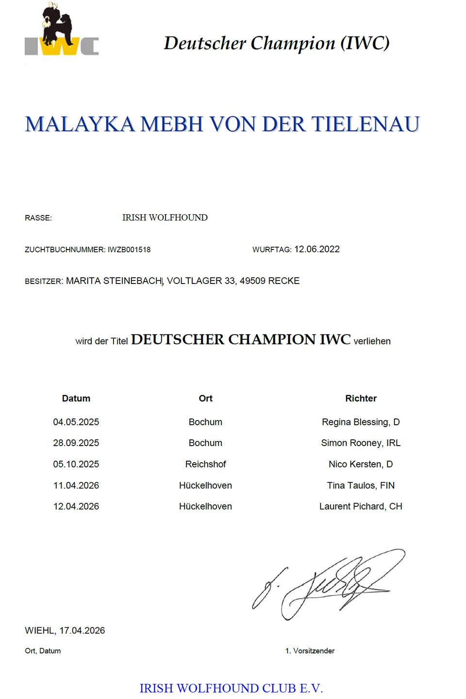 Titel "deutscher Champion (IWC)"