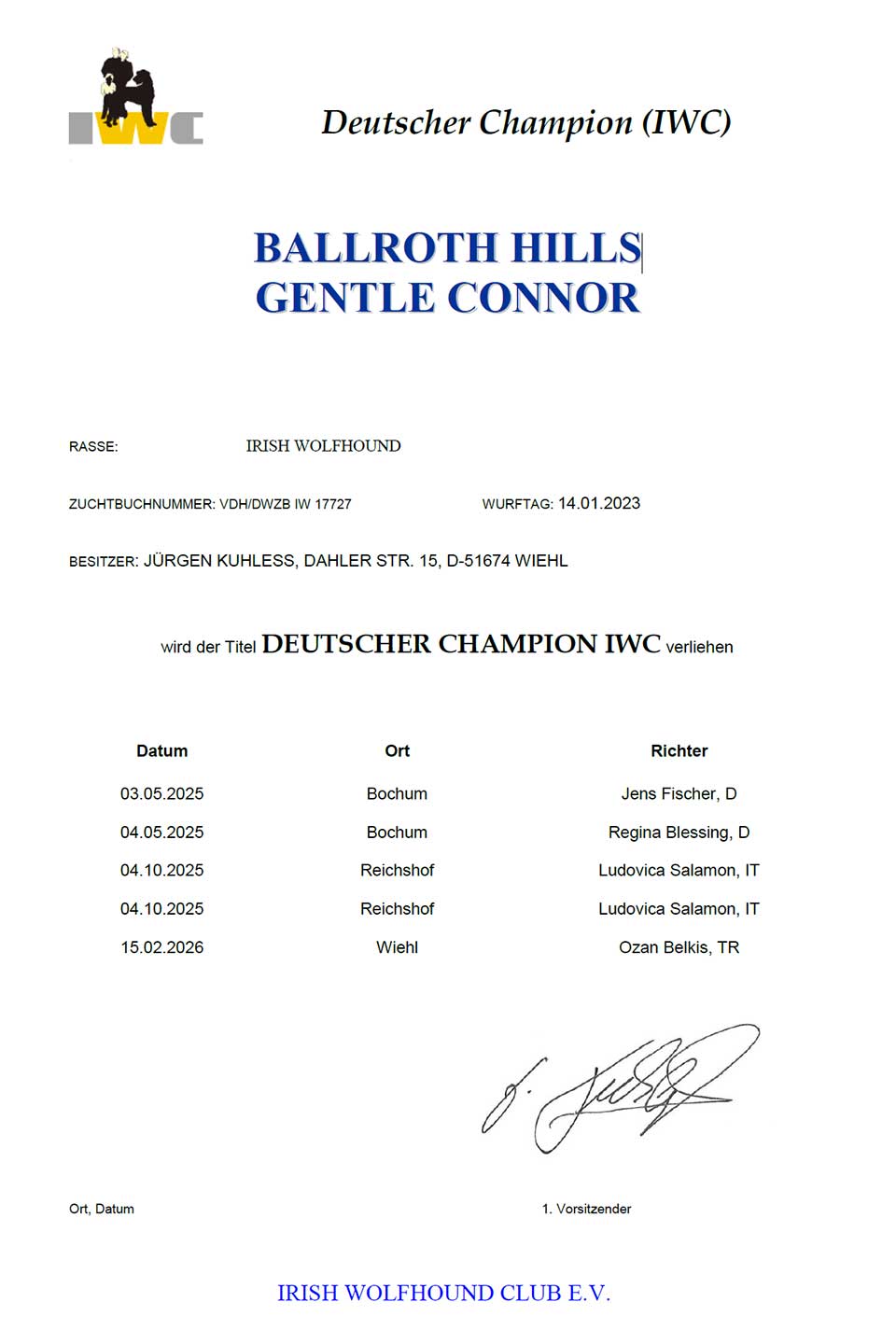 Titel "deutscher Grand Champion (IWC)"