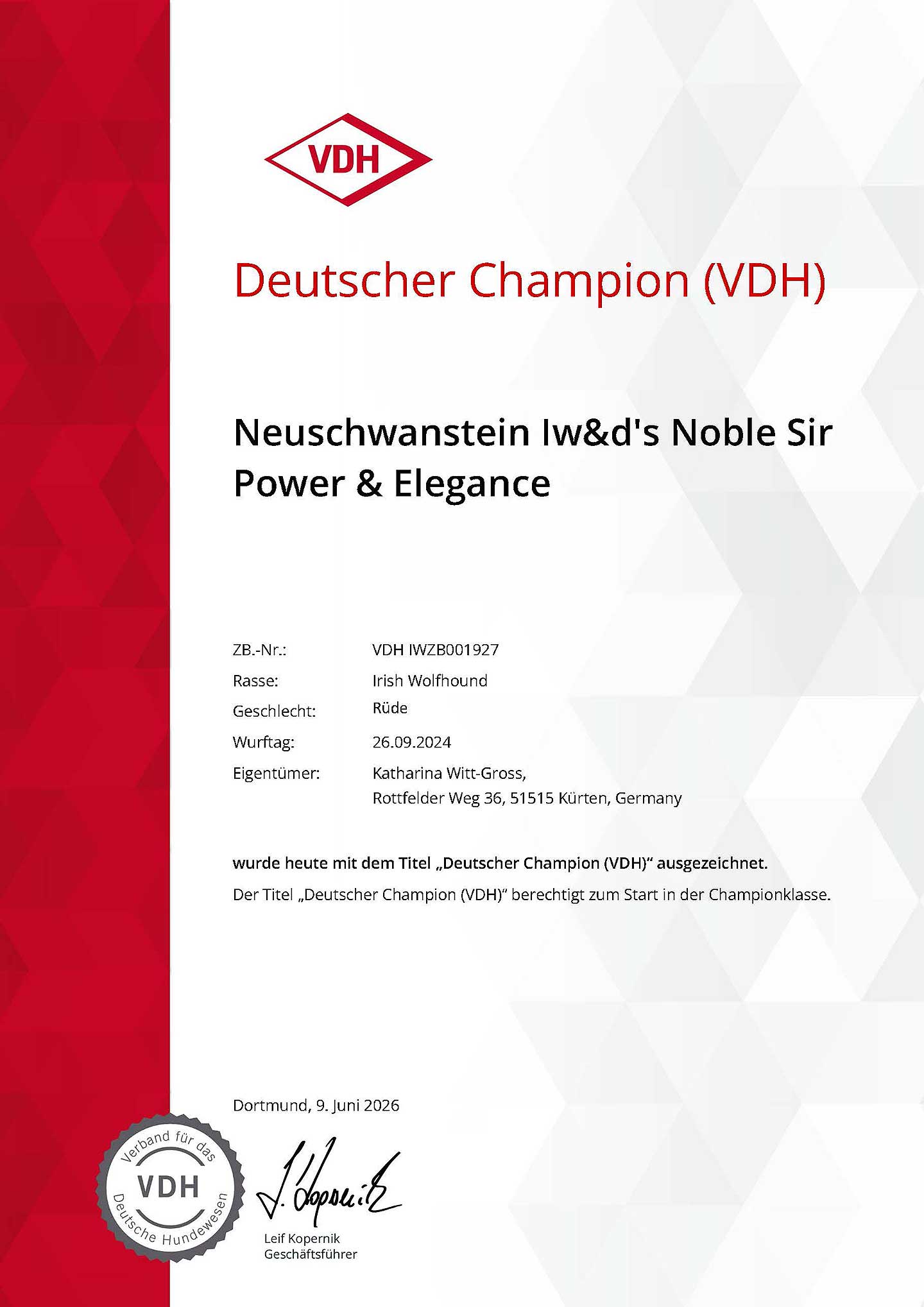Titel "deutscher Champion VDH" erhalten