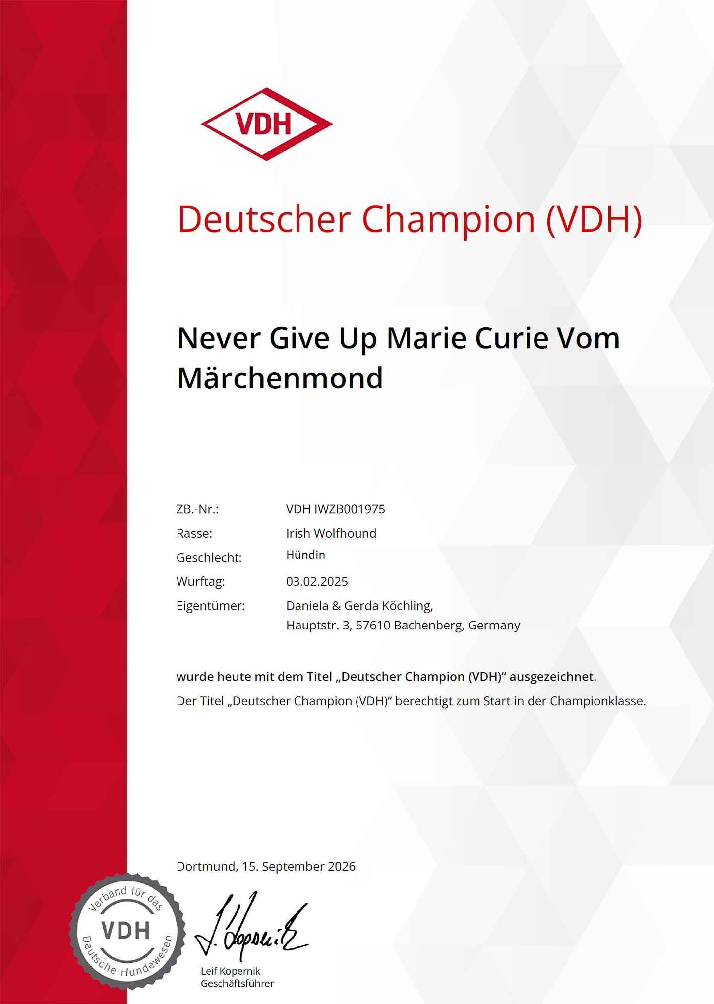 Titel "deutscher Champion (VDH)"