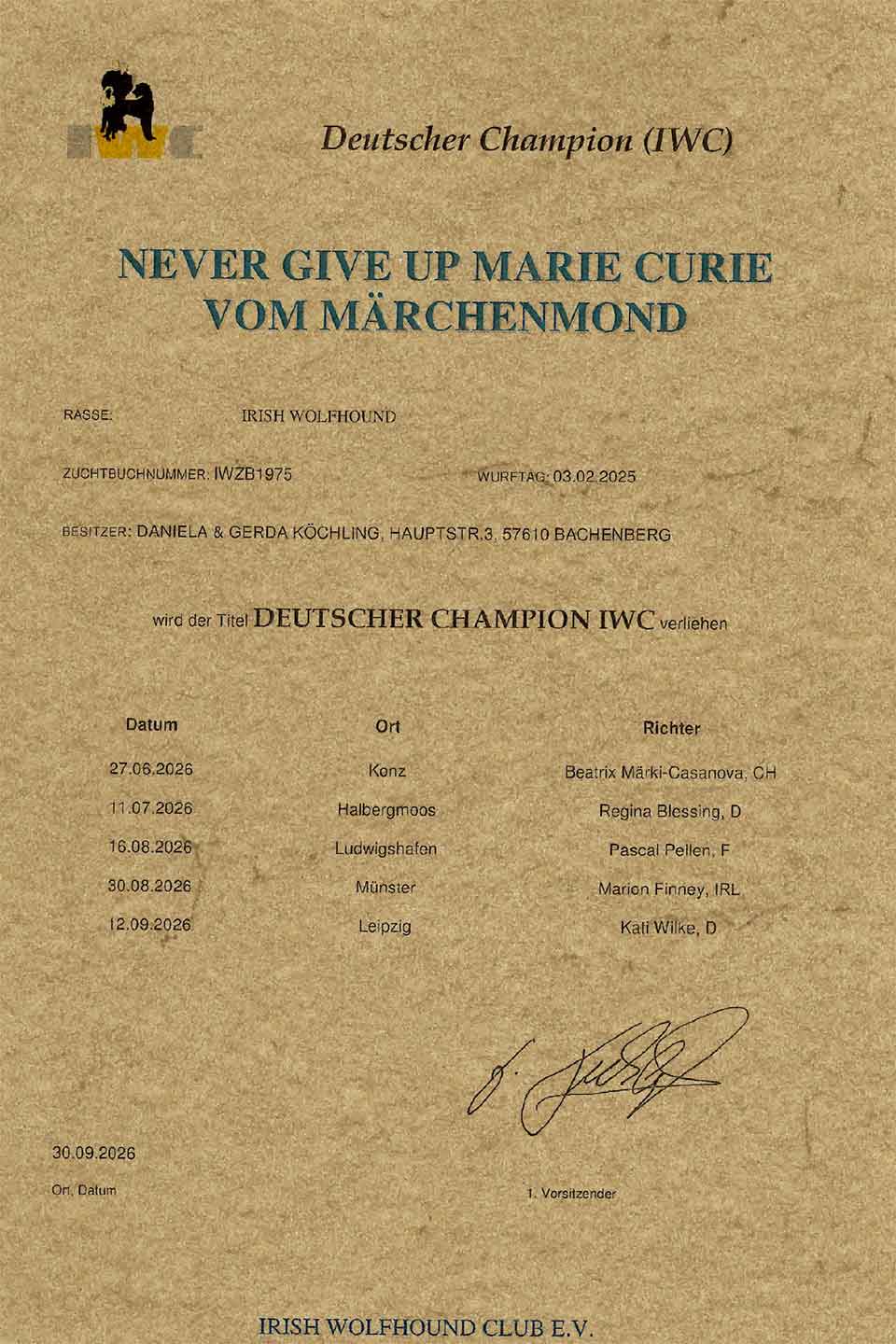 deutscher Champion (IWC) Never give up Marie Curie Vom Märchenmond