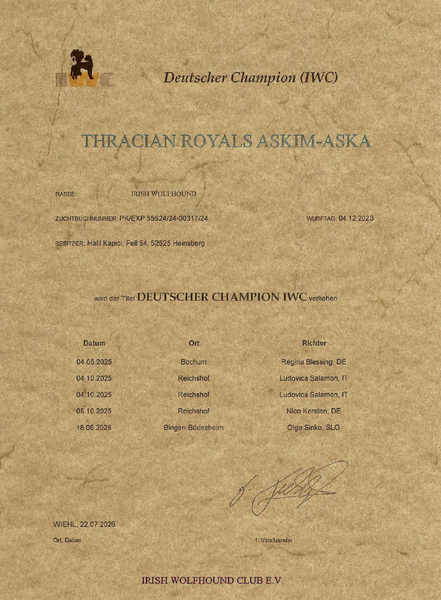 Titel "deutscher Champion (IWC)" erhalten